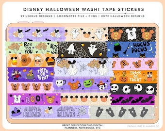May include: A collection of Disney Halloween washi tape stickers with various designs. The designs include pumpkins, ghosts, Mickey Mouse, and the text "Boo to You", "Trick or Treat", "Hocus Pocus", and "Happy Halloween".
