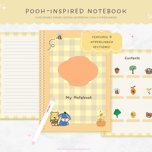 Puede incluir: Un cuaderno digital con un patrón de cuadros amarillos y blancos. La portada presenta a Winnie the Pooh y Piglet. El cuaderno tiene 9 secciones hipervinculadas y una tabla de contenido.