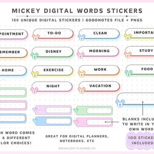 Mickey Digital Planner Stickers, Cute Everyday Word Stickers for Goodnotes, Digital Calendar Stickers, Pastel Digital Labels, Digital Notes