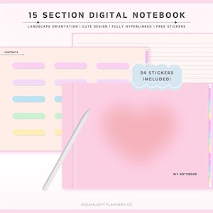 Może przedstawiać: Różowy cyfrowy notes z 15 sekcjami, białym rysikiem i naklejką z napisem „54 naklejki w zestawie!”. Notes ma pastelowe kolory i uroczy design. Jest w pełni hiperłączony i zawiera bezpłatne naklejki.