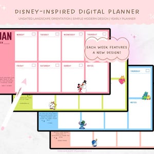 May include: A Disney-inspired digital planner with a simple, modern design. The undated landscape orientation planner features weekly layouts in pink, green, blue, and peach, with Disney character illustrations. Text includes "Each week features a new design!"