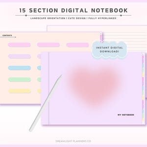 Puede incluir: Un cuaderno digital con 15 secciones, un diseño de corazón rosa pastel y un esquema de colores arcoíris. El cuaderno está totalmente hipervinculado e incluye una página de contenido. El texto "INSTANT DIGITAL DOWNLOAD!" está en un bocadillo de diálogo.
