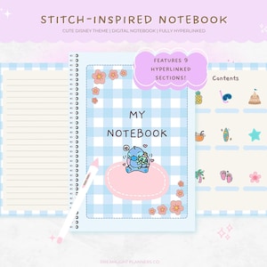 Puede incluir: Un cuaderno digital a cuadros azules y blancos con una ilustración de los personajes Stitch y Angel. La portada del cuaderno dice "Mi cuaderno" y tiene 9 secciones hipervinculadas. El cuaderno incluye una página de contenido con iconos para diferentes secciones.