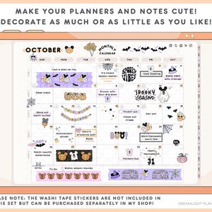 May include: Digital planner page for October with a Halloween theme. The calendar includes illustrations of pumpkins, bats, ghosts, and other spooky elements. Text includes "Spooky Vibes" and "Happy Halloween". The planner is designed to decorate planners and notes.
