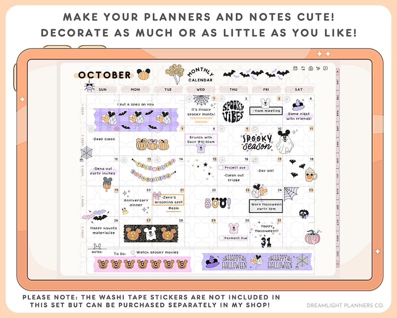 May include: Digital planner page for October with a Halloween theme. The calendar includes illustrations of pumpkins, bats, ghosts, and other spooky elements. Text includes "Spooky Vibes" and "Happy Halloween". The planner is designed to decorate planners and notes.