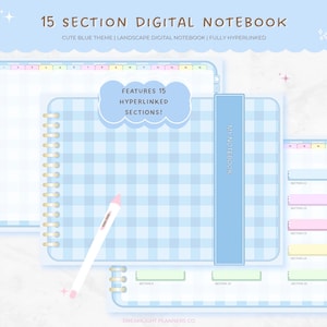 Puede incluir: Un cuaderno digital con un patrón de cuadros azules y blancos. El cuaderno tiene 15 secciones, cada una con un color diferente. El cuaderno está completamente hipervinculado, lo que facilita la navegación entre las secciones. El texto "MY NOTEBOOK" está escrito en el lomo del cuaderno.