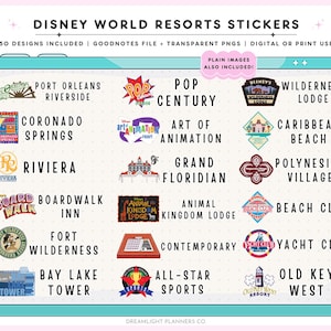 May include: Digital sticker sheet featuring logos for various Disney World Resorts, including Wilderness Lodge, Caribbean Beach, and Polynesian Village. The sheet includes the text "Disney World Resorts Stickers" and "50 Designs Included".