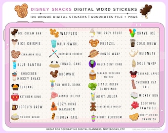 Digitala klistermärken med magiska snacks, Goodnotes-ordklistermärken, digital scrapbooking, digitala anteckningsboksklistermärken, söta reseplanerarklistermärken PNG