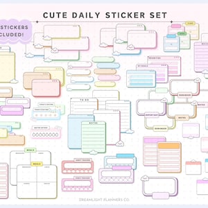 Może przedstawiać: Zestaw 266 kolorowych naklejek cyfrowych do codziennego planowania. Naklejki mają różne kształty i rozmiary, w tym ramki, notatki i przypomnienia. Naklejki są zaprojektowane w uroczym i fantazyjnym stylu, z chmurami i tęczami.