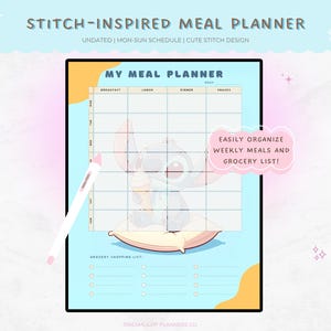 Puede incluir: Un planificador de comidas inspirado en Stitch, con un fondo azul y un personaje de dibujos animados de Stitch. El planificador incluye secciones para el desayuno, el almuerzo, la cena y los refrigerios, con una lista de compras. El texto dice: "¡Organiza fácilmente las comidas semanales y la lista de compras!"