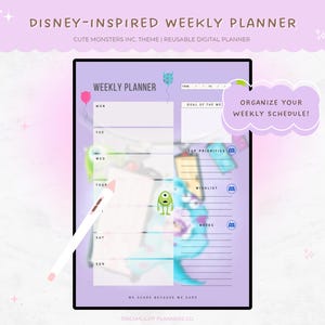Op de afbeelding: Een digitale weekplanner met een lichtpaarse achtergrond en cartoon monster graphics. De tekst luidt DISNEY-INSPIRED WEEKLY PLANNER, CUTE MONSTERS INC. THEME, ORGANIZE YOUR WEEKLY SCHEDULE en WE SCARE BECAUSE WE CARE.