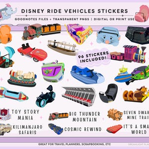 May include: A digital sticker sheet showcasing Disney ride vehicles. The sheet contains 96 stickers, including designs from attractions such as Toy Story Mania, Big Thunder Mountain, and It's a Small World. The text reads "Disney Ride Vehicles Stickers".