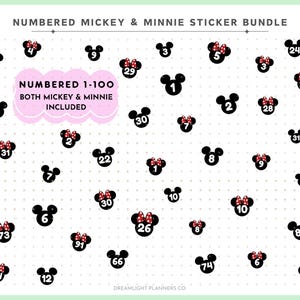 Könnte beinhalten: Eine Sammlung schwarzer Mickey Mouse- und Minnie Mouse-Aufkleber, nummeriert von 1-100. Einige Aufkleber zeigen Minnie's charakteristische rote Schleife mit weißen Punkten. Die Aufkleber sind auf einem weißen Hintergrund mit kleinen grauen Punkten verstreut.