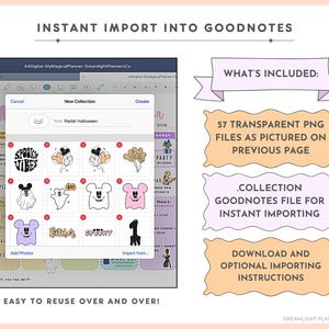 May include: Digital planner stickers for GoodNotes, featuring a Halloween theme. The image shows a preview of the stickers, including ghosts, bats, and the text "Spooky Vibes." The image also includes the text "Instant Import into GoodNotes."