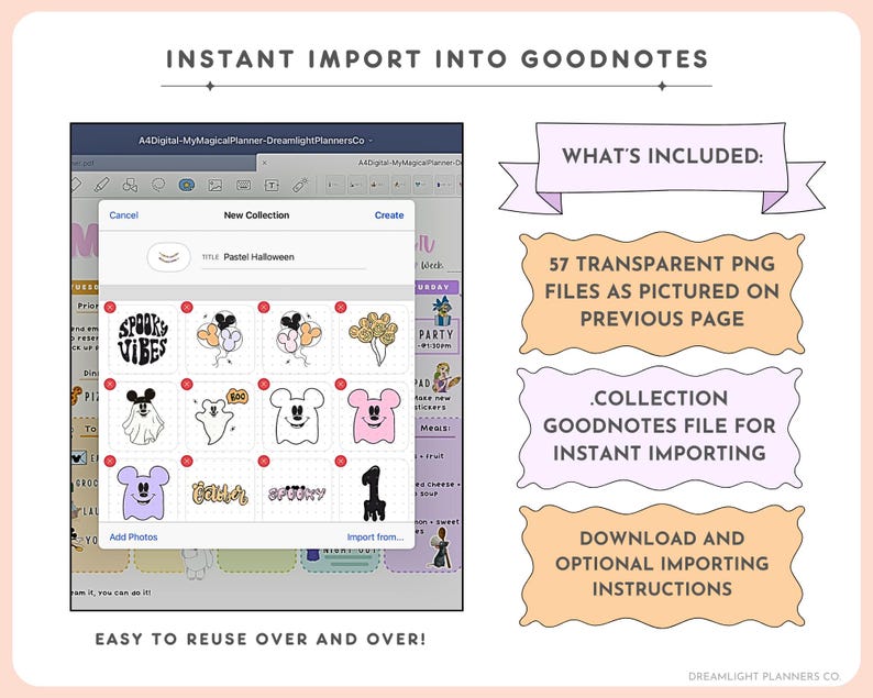 May include: Digital planner stickers for GoodNotes, featuring a Halloween theme. The image shows a preview of the stickers, including ghosts, bats, and the text "Spooky Vibes." The image also includes the text "Instant Import into GoodNotes."