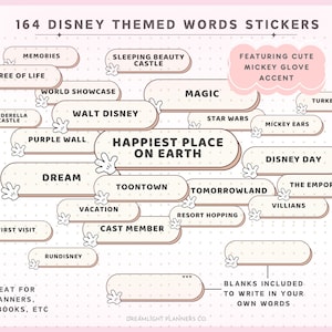 May include: 164 Disney-themed word stickers featuring a Mickey Mouse glove accent. The stickers are in a variety of shapes and sizes, with words like "Happiest Place on Earth", "Dream", "Magic", and "Mickey Ears".