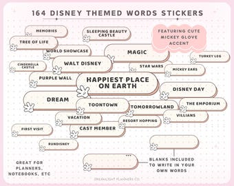 164 Unique Magical Mouse Themed Digital Word Stickers for Trip Planning and Scrapbooking and more, Cute Mouse Glove Accent, Transparent PNG