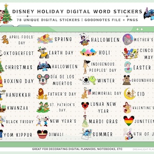 May include: Digital sticker set featuring Disney characters and holiday themes. Includes stickers for holidays like Christmas, Halloween, and Easter, as well as other events. The stickers are designed for digital planners and notebooks.