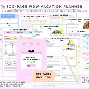 Könnte beinhalten: Ein farbenfroher 100-seitiger Walt Disney World Urlaubsplaner mit Vorlagen für Parkübersichten, Reisebudgets und Tagespläne. Enthält den Text: "My Walt Disney World planner" und "100 Seiten enthalten!" zum Drucken oder zur digitalen Nutzung.
