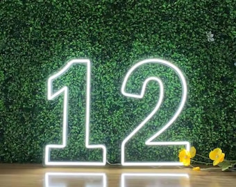 May include: A white neon sign shaped as the number 12. The sign is illuminated against a backdrop of green foliage. The numbers are outlined in a bright white light, creating a striking visual effect. The sign is placed on a wooden surface.