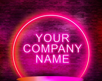 May include: A neon sign with the text "YOUR COMPANY NAME" inside a pink circle, set against a brick wall. A small, illuminated platform is below the text, with a gradient of colors.
