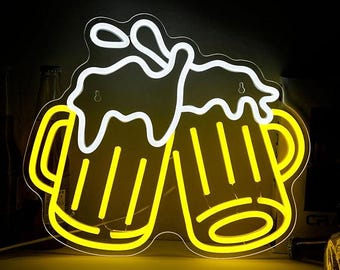 May include: Neon sign depicting two yellow beer mugs with white foam pouring out of the top. The mugs are outlined in white and have a yellow fill.
