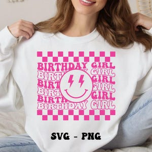 Checkered Birthday Girl SVG PNG: Retro Wavy Shirt Design (Digital Download
