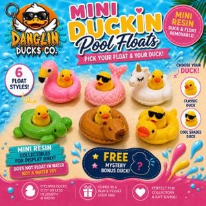 May include: A collection of six miniature resin ducks in various pool floats, including a pink flamingo, a pink mermaid tail, a white unicorn, a green turtle, a brown capybara, and a yellow float, with text labels and graphic elements.