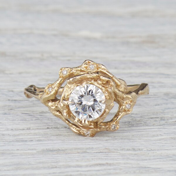 Diamond Halo Twig Engagement Ring, Large Diamond Twig Ring for Her, Gold & Diamond Bridal Twig Engagement, Unique Round Cut Ring