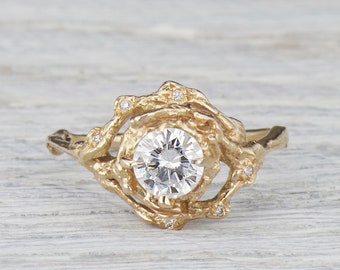 Diamond Halo Twig Engagement Ring, Large Diamond Twig Ring for Her, Gold & Diamond Bridal Twig Engagement, Unique Round Cut Ring