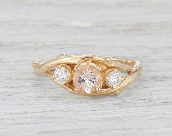 Morganite Twisted Engagement Ring - Diamond and Morganite Twig Nature Engagement Ring in Rose Gold, Yellow Gold, White Gold or Platinum