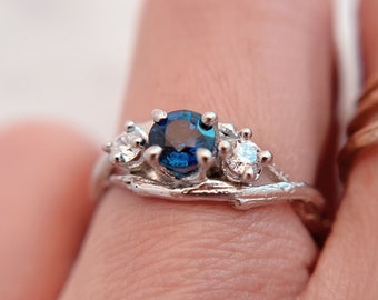 Unity Sapphire Three Stone Ring | Organic Royal Blue Gemstone Nature Ring, Boho Fantasy Inspired Sapphire Wedding Ring, Vibrant Wedding Ring