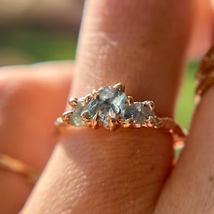 Naples Montana Sapphire Three Stone Ring | Handmade Rough Uncut Montana Sapphire Ring, Alternative Engagement, Organic Nature Inspired Ring