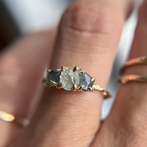 Naples Montana Sapphire Three Stone Ring | Handmade Uncut Montana Sapphire Ring, Alternative Engagement Ring, Organic Nature Inspired Ring