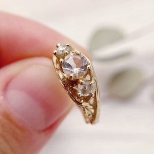 Laurel Morganite Three Stone Ring | Flower Stem Inspired Morganite Ring, Boho Ethically-Sourced Gemstone Ring, Organic June Birthstone Ring