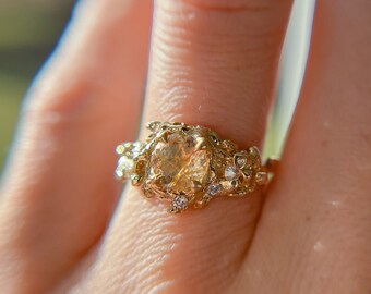 Isla Rutilated Quartz Ring | Antique Nature Inspired Engagement Ring, Rustic Boho Quartz Earth Engagement Ring, Vintage Quartz Gemstone Ring