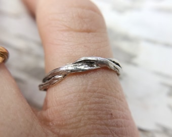 Silver Union Wedding Band | Handcrafted Sterling Silver Wedding Ring, Organic Silver Unisex Twisted Band, Rustic Fantasy Inspired Tiny Ring