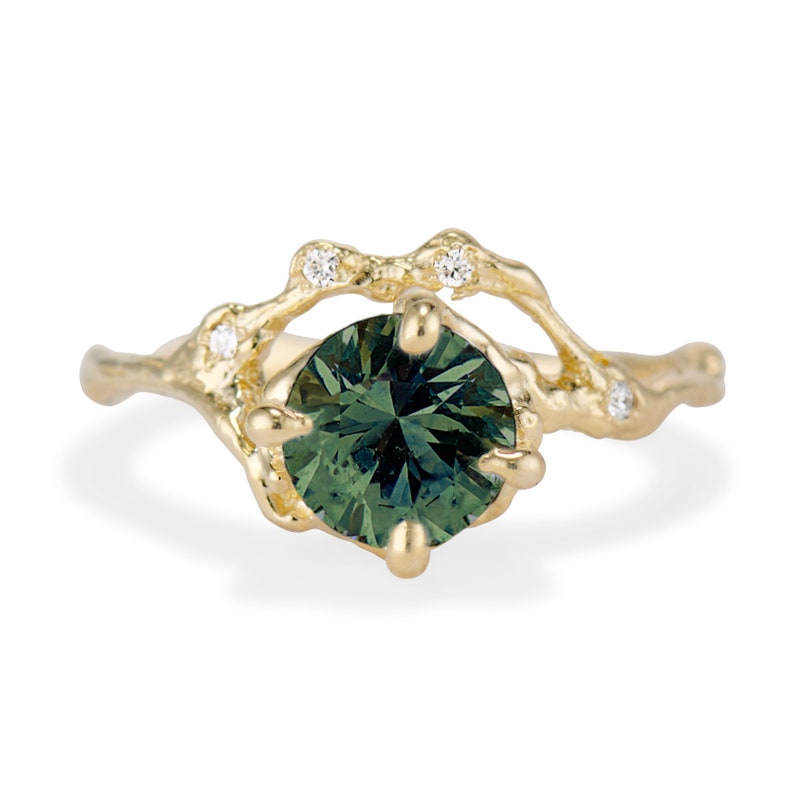 Naples Green Montana Sapphire Half Halo Ring Earthy Green Sapphire Engagement Ring, Nature Inspired Gemstone Boho Ring, Organic Twig Ring image 3