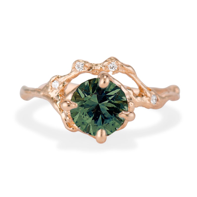 Naples Green Montana Sapphire Half Halo Ring Earthy Green Sapphire Engagement Ring, Nature Inspired Gemstone Boho Ring, Organic Twig Ring image 4