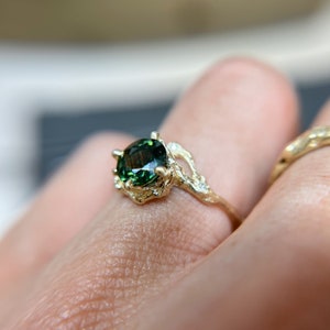 Naples Green Montana Sapphire Half Halo Ring Earthy Green Sapphire Engagement Ring, Nature Inspired Gemstone Boho Ring, Organic Twig Ring image 2