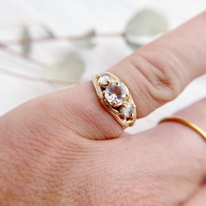 Laurel Morganite Three Stone Ring Flower Stem Inspired Morganite Ring, Boho Ethically-Sourced Gemstone Ring, Organic June Birthstone Ring image 3