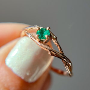 Petite Unity Emerald Solitaire Ring | Small Colorful Emerald Nature Ring, Organic Gemstone Earth Inspired Wedding Ring, May Birthstone Ring