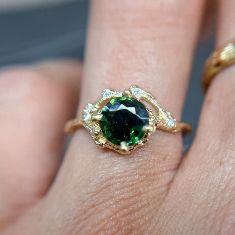 Naples Green Montana Sapphire Half Halo Ring Earthy Green Sapphire Engagement Ring, Nature Inspired Gemstone Boho Ring, Organic Twig Ring image 1