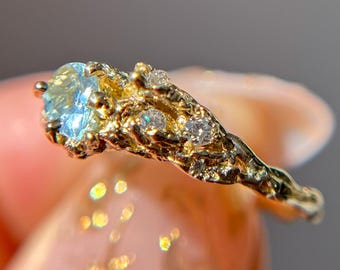 Juniper Aquamarine and Diamond Cluster | Fairy Inspired Engagement, Mermaid Gemstone Ring, Handmade March Birthstone Ring, Pisces Zodiac