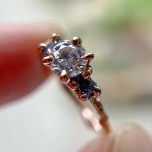 Naples Diamond & Sapphire Three Stone Ring | Handmade Sapphire Boho Ring, Organic Colorful Gemstone Ring, Lab Grown Diamond Three Stone Ring