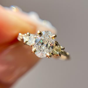 Naples Oval Diamond and Montana Sapphire Three Stone Ring | Brilliant Oval Diamond Ring, Handmade Rough Montana Sapphire Nature Ring