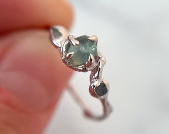 Silver Demi Naples Rough Montana Sapphire Trio Ring | Uncut Montana Sapphire Twig Ring, Organic Silver Gemstone Ring, Nature Inspired Ring