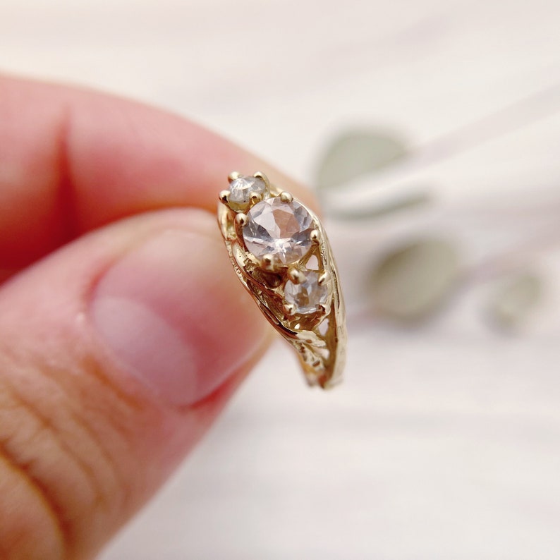 Laurel Morganite Three Stone Ring Flower Stem Inspired Morganite Ring, Boho Ethically-Sourced Gemstone Ring, Organic June Birthstone Ring image 1