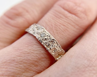 Vineyard Diamond Wedding Band | Handmade Nature Inspired Diamond Wedding Band, Unique Diamond Bark Ring, Large Diamond Earth Wedding Band