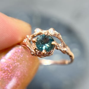 Demi Naples Teal Montana Sapphire Half Halo Ring | Handmade Teal Blue Gemstone Ring, Organic Sapphire Nature Wedding Ring, Colorful Ring